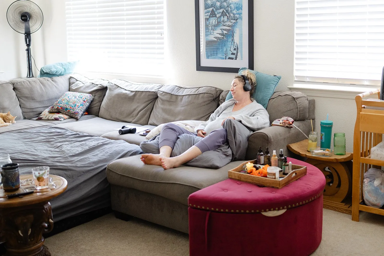 New mother resting peacefully in bed during the fourth trimester